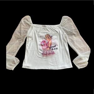 TMG Women's Dot Chiffon Long Sleeve Square Neck White Top “Good Vibes” Sz Large